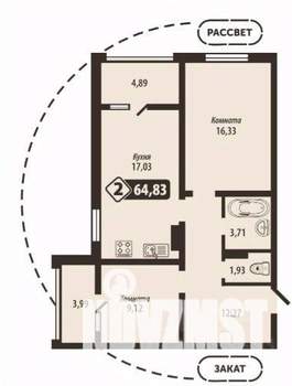2-к квартира, строящийся дом, 65м2, 7/16 этаж