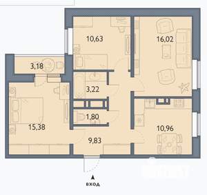 3-к квартира, сданный дом, 68м2, 12/16 этаж