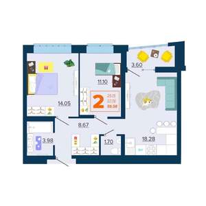 2-к квартира, вторичка, 60м2, 6/16 этаж