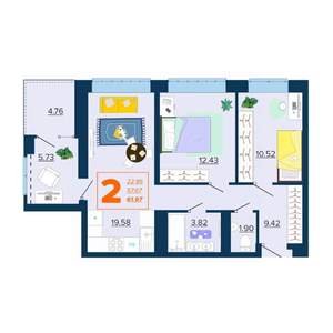2-к квартира, вторичка, 62м2, 7/16 этаж
