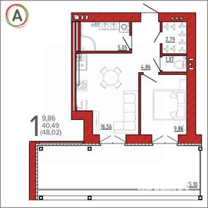 1-к квартира, сданный дом, 48м2, 1/9 этаж