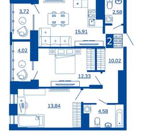 2-к квартира, вторичка, 63м2, 10/17 этаж