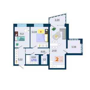 2-к квартира, вторичка, 63м2, 4/16 этаж