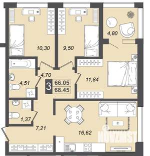 3-к квартира, вторичка, 68м2, 1/17 этаж