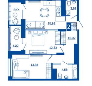 2-к квартира, вторичка, 63м2, 16/17 этаж