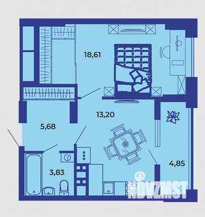 1-к квартира, сданный дом, 46м2, 1/19 этаж
