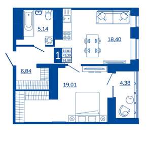 1-к квартира, вторичка, 51м2, 17/17 этаж
