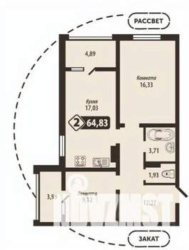 2-к квартира, строящийся дом, 65м2, 6/16 этаж