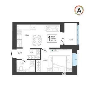 1-к квартира, вторичка, 40м2, 9/9 этаж
