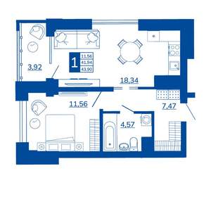 1-к квартира, вторичка, 43м2, 2/17 этаж