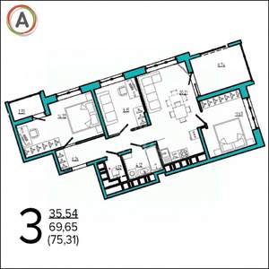 3-к квартира, сданный дом, 76м2, 8/16 этаж