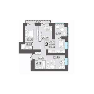 2-к квартира, вторичка, 67м2, 5/15 этаж