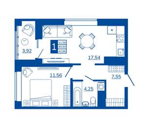 1-к квартира, вторичка, 42м2, 16/17 этаж