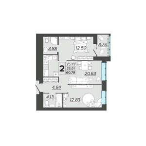 2-к квартира, вторичка, 61м2, 2/9 этаж
