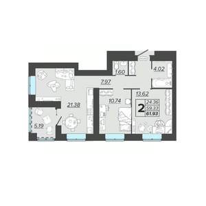 2-к квартира, вторичка, 62м2, 6/9 этаж