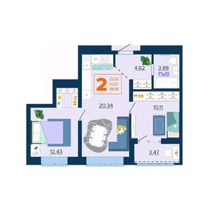 2-к квартира, вторичка, 53м2, 6/16 этаж
