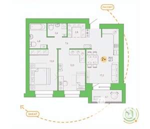 2-к квартира, сданный дом, 63м2, 2/9 этаж
