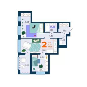 2-к квартира, вторичка, 65м2, 16/16 этаж