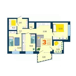 3-к квартира, вторичка, 76м2, 13/16 этаж