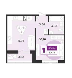 1-к квартира, вторичка, 35м2, 1/10 этаж