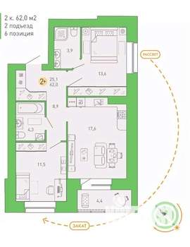 2-к квартира, сданный дом, 62м2, 4/9 этаж