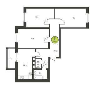 3-к квартира, сданный дом, 92м2, 4/16 этаж