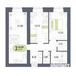 2-к квартира, вторичка, 62м2, 5/14 этаж