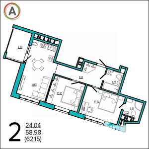 2-к квартира, сданный дом, 62м2, 11/16 этаж