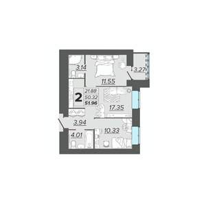 2-к квартира, вторичка, 52м2, 7/15 этаж
