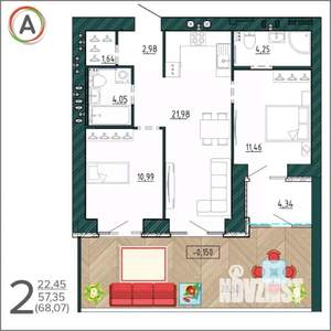 2-к квартира, вторичка, 68м2, 1/9 этаж