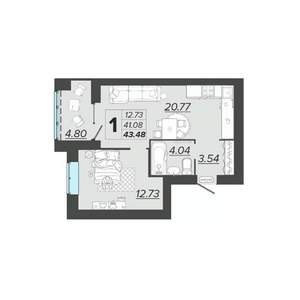 1-к квартира, вторичка, 43м2, 9/9 этаж