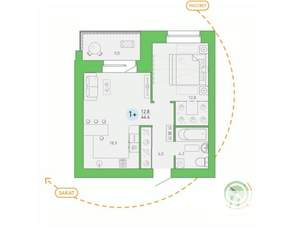 1-к квартира, сданный дом, 44м2, 8/9 этаж