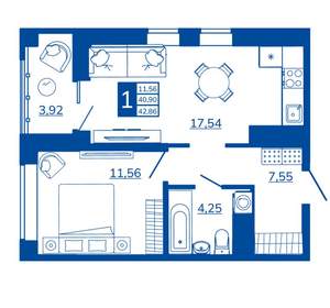 1-к квартира, вторичка, 42м2, 7/17 этаж