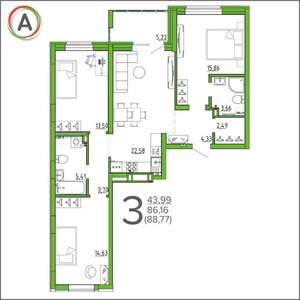 3-к квартира, вторичка, 88м2, 11/16 этаж