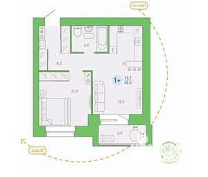 1-к квартира, сданный дом, 42м2, 4/9 этаж