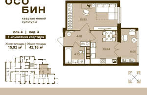 1-к квартира, вторичка, 42м2, 6/16 этаж