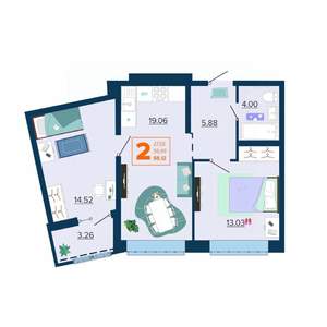 2-к квартира, вторичка, 58м2, 7/16 этаж
