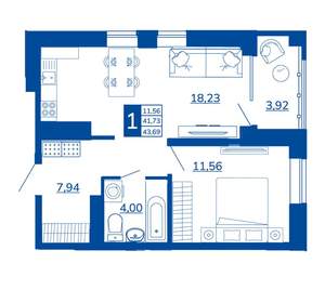 1-к квартира, вторичка, 43м2, 4/17 этаж