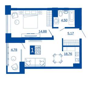 1-к квартира, вторичка, 45м2, 2/17 этаж
