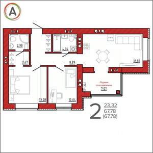 2-к квартира, вторичка, 68м2, 4/9 этаж