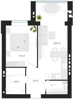 1-к квартира, вторичка, 43м2, 1/4 этаж