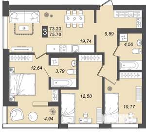 3-к квартира, вторичка, 76м2, 1/17 этаж