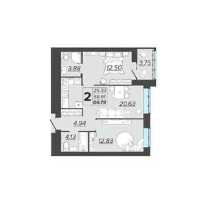 2-к квартира, вторичка, 61м2, 9/9 этаж