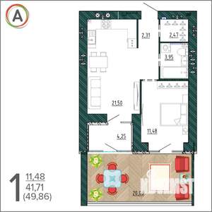 1-к квартира, сданный дом, 50м2, 1/9 этаж