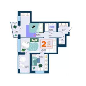 2-к квартира, вторичка, 66м2, 4/16 этаж