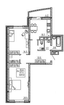 2-к квартира, сданный дом, 70м2, 3/16 этаж