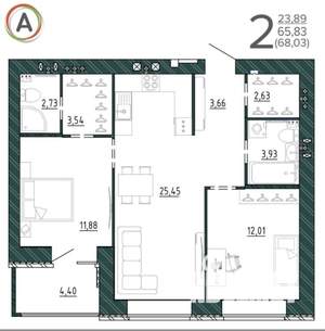 2-к квартира, сданный дом, 68м2, 8/9 этаж
