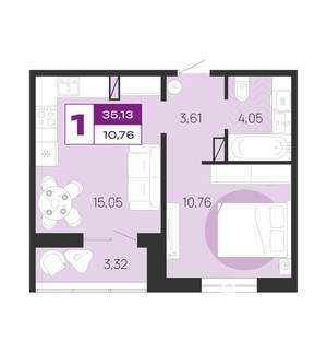 1-к квартира, вторичка, 35м2, 1/10 этаж