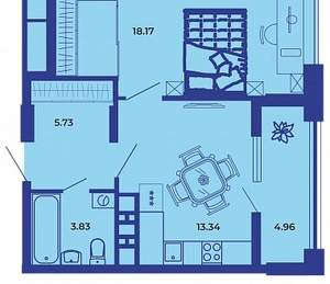 1-к квартира, вторичка, 46м2, 17/19 этаж