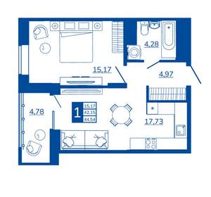 1-к квартира, вторичка, 44м2, 6/17 этаж
